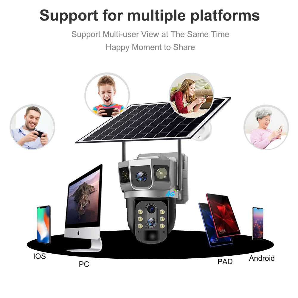 Solar-powered security camera with multiple device compatibility on a white background