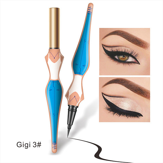 Eyeliner pen with blue and gold design, shown with eye makeup application.