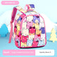 Colorful backpack with cat pattern on a light blue background