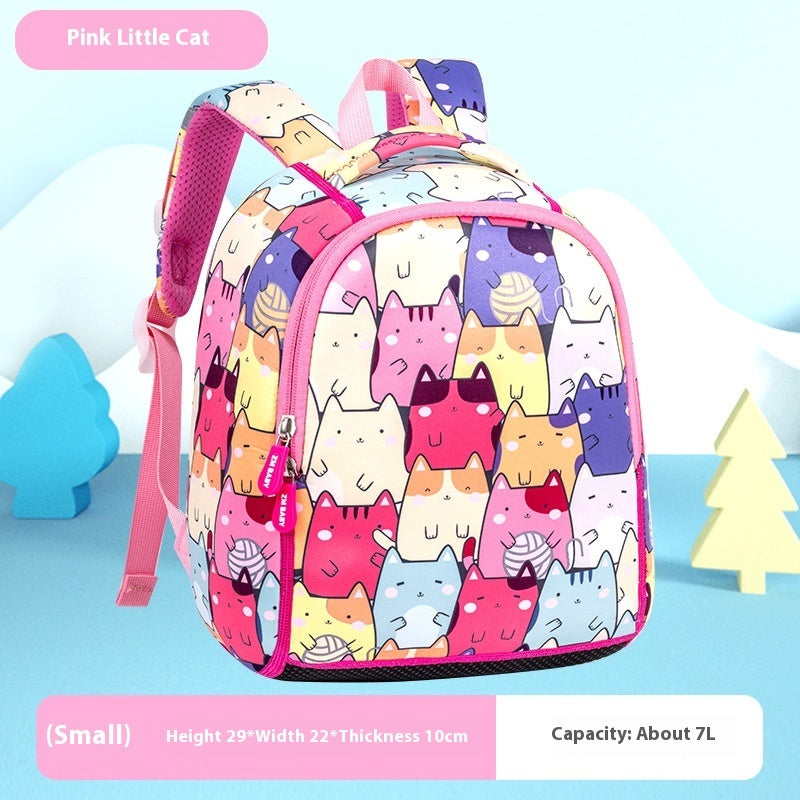 Colorful backpack with cat pattern on a light blue background