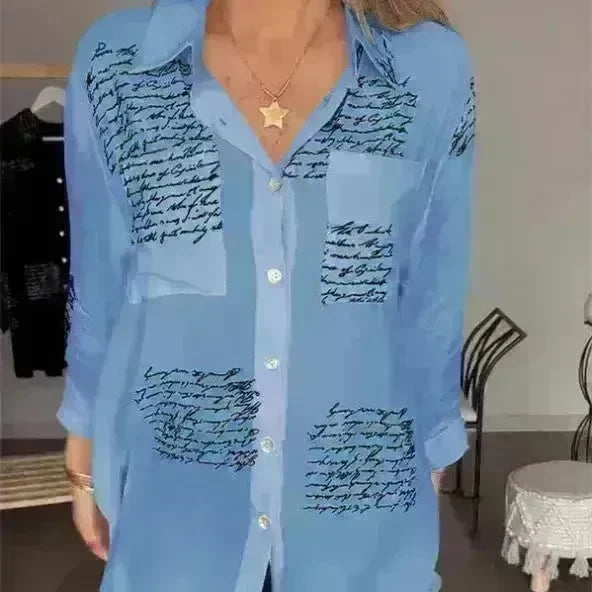 Letter Print Long Sleeve Shirt Fashion Commuter Style Lapel Shirt Women's Clothing - EX-STOCK CANADA