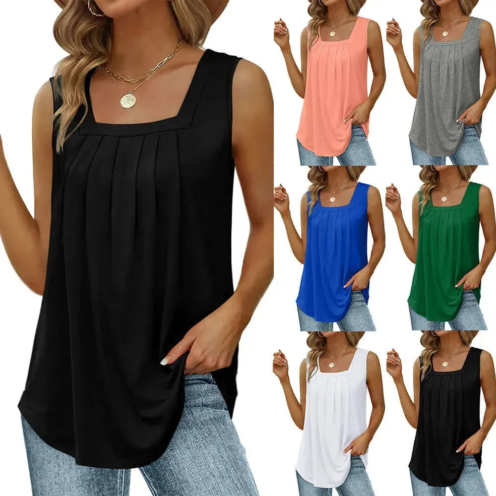Summer cotton Tops For Women Loose Fit Pleated Square Neck Sleeveless Blouse Tops - EX-STOCK CANADA
