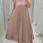 Women Summer Pleated Maxi Dress Casual Short Sleeve Crewneck Flowy Swing Long Dress with Pockets - EX-STOCK CANADA