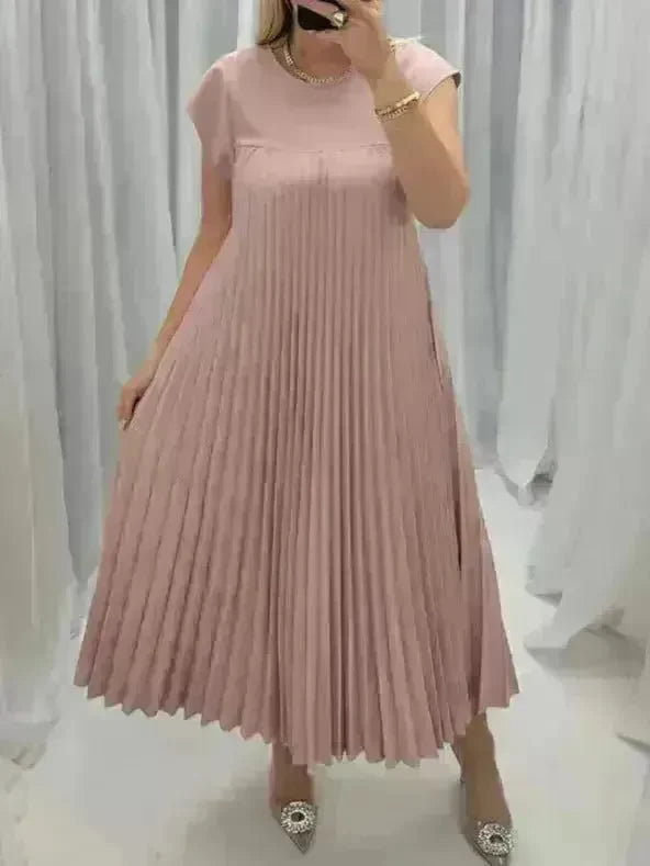 Women Summer Pleated Maxi Dress Casual Short Sleeve Crewneck Flowy Swing Long Dress with Pockets - EX-STOCK CANADA