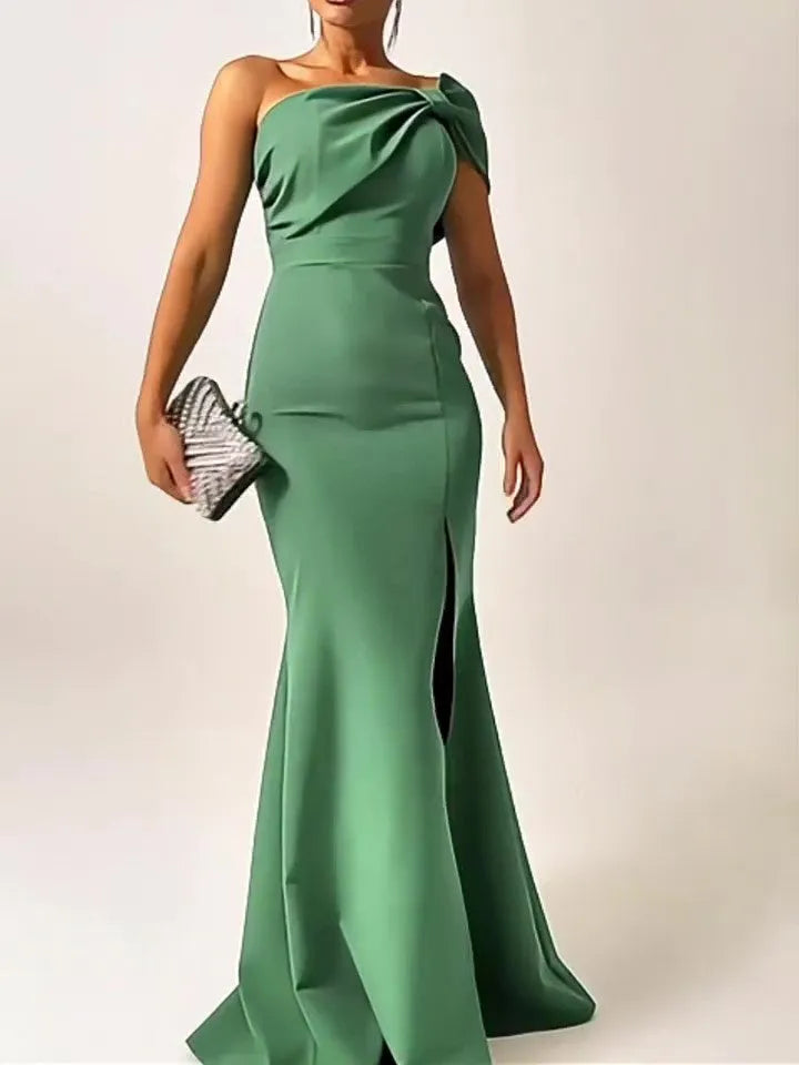 Bow tie One shoulder Green Evening Dress Slit Formal dress - EX-STOCK CANADA