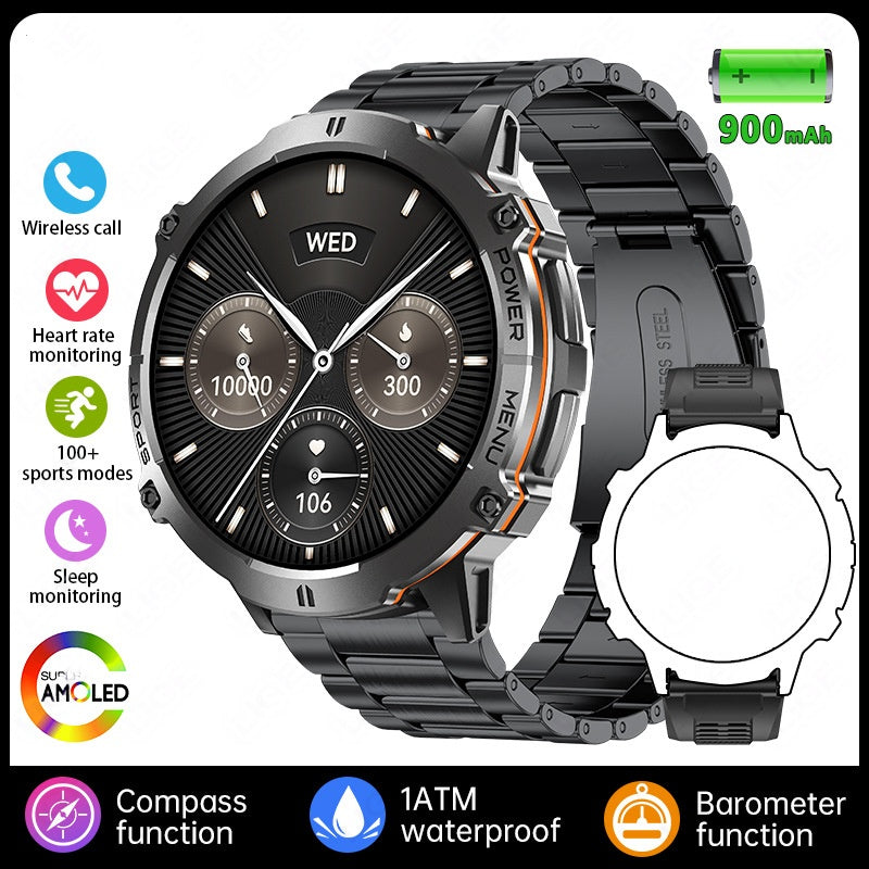 Smartwatch with metal band and feature icons on a white background