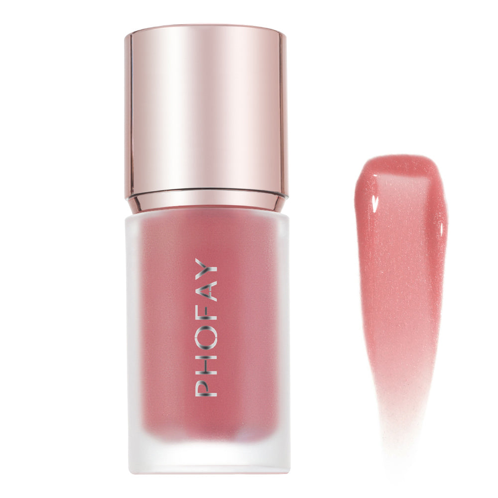 Lip gloss with pink cap and clear container on a white background, featuring the brand 'PHOFAY'.