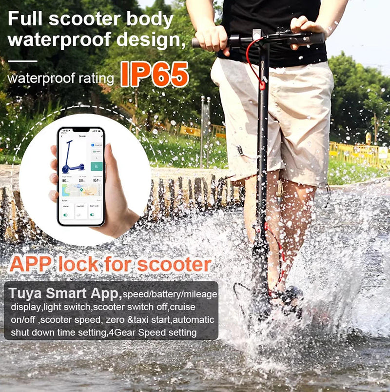 Person using a electric scooter with waterproof design and app lock feature, surrounded by water splashes.