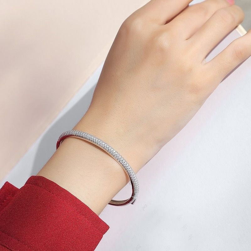 Classic Fashion Bridal Pave AAA Cubic Zirconia Princess Cut CZ Eternity Tennis Stackable Bangle Bracelet For Women, Prom, Wedding Silver Plated 7-7.5 Inch EX-STOCK