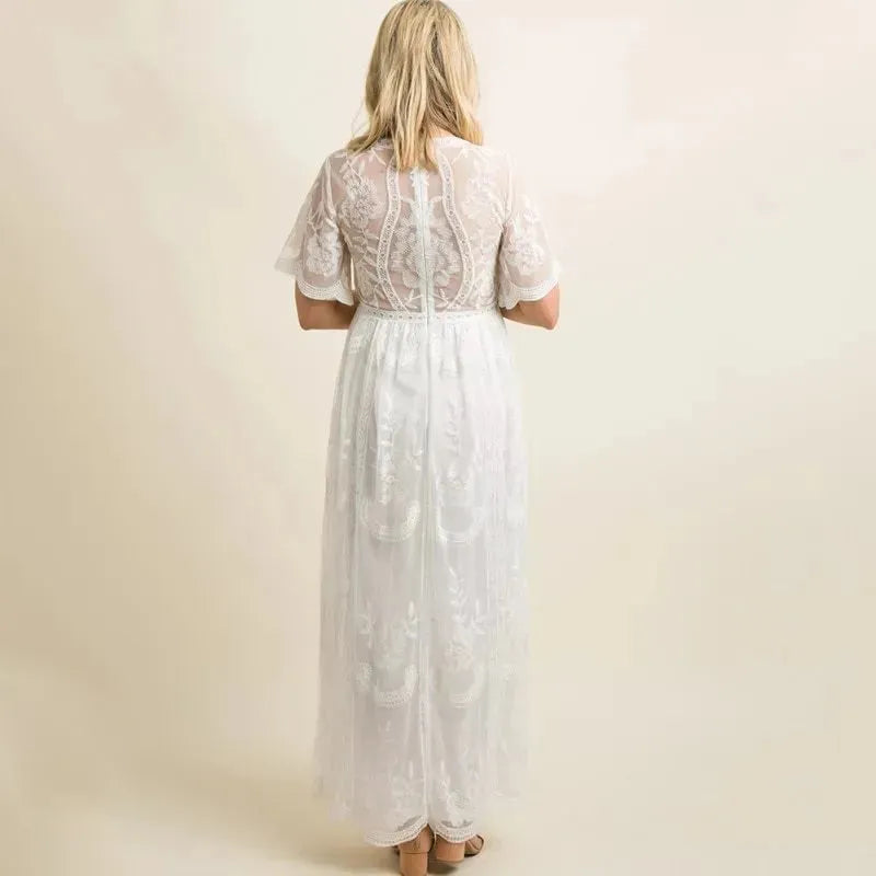 Maternity Dresses for Photo Shoot Summer V Neck White Lace Short Sleeve Pregnancy Dress Pregnant Women Photography Maxi Dress - EX-STOCK CANADA