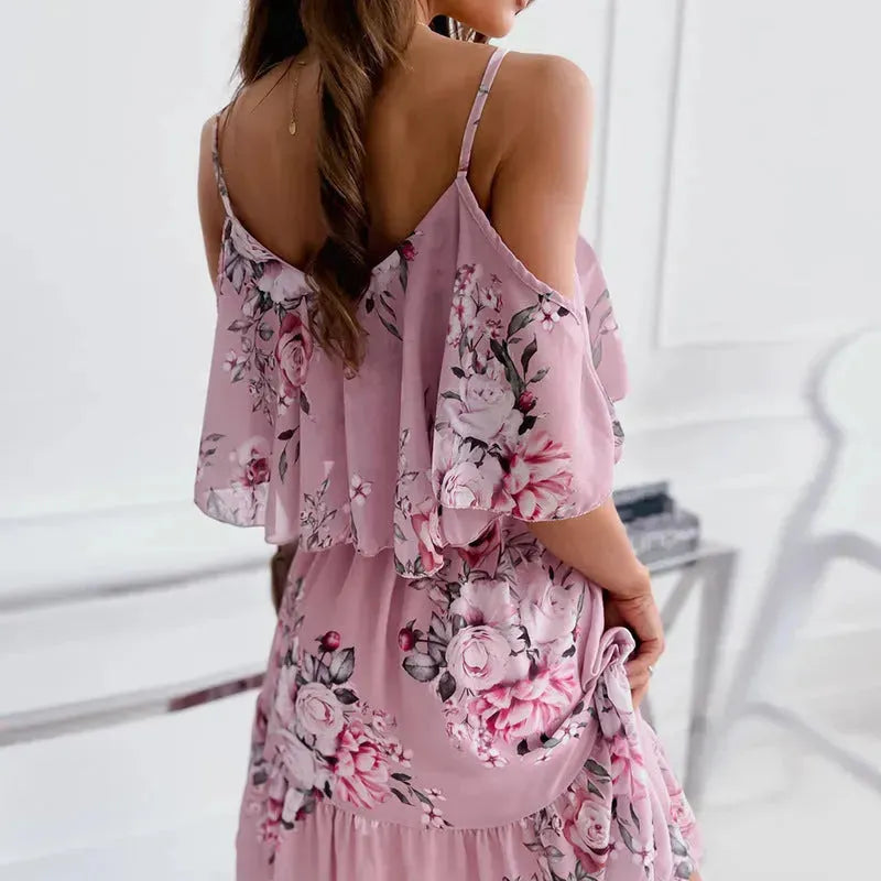 Flower Printed Ruffled Suspender Dress Summer Off-the-shoulder Strap Dresses Women - EX-STOCK CANADA
