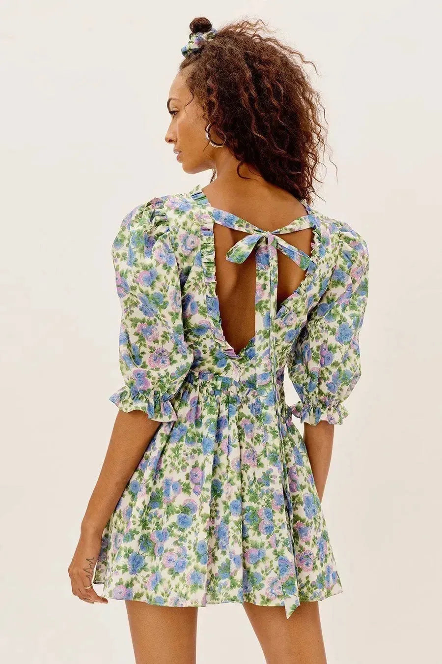Women Summer Green Floral Chiffon Dresses Holiday Puff Short Sleeve V-Neck Back Lace Up Design Wrap One Piece Dress - EX-STOCK CANADA