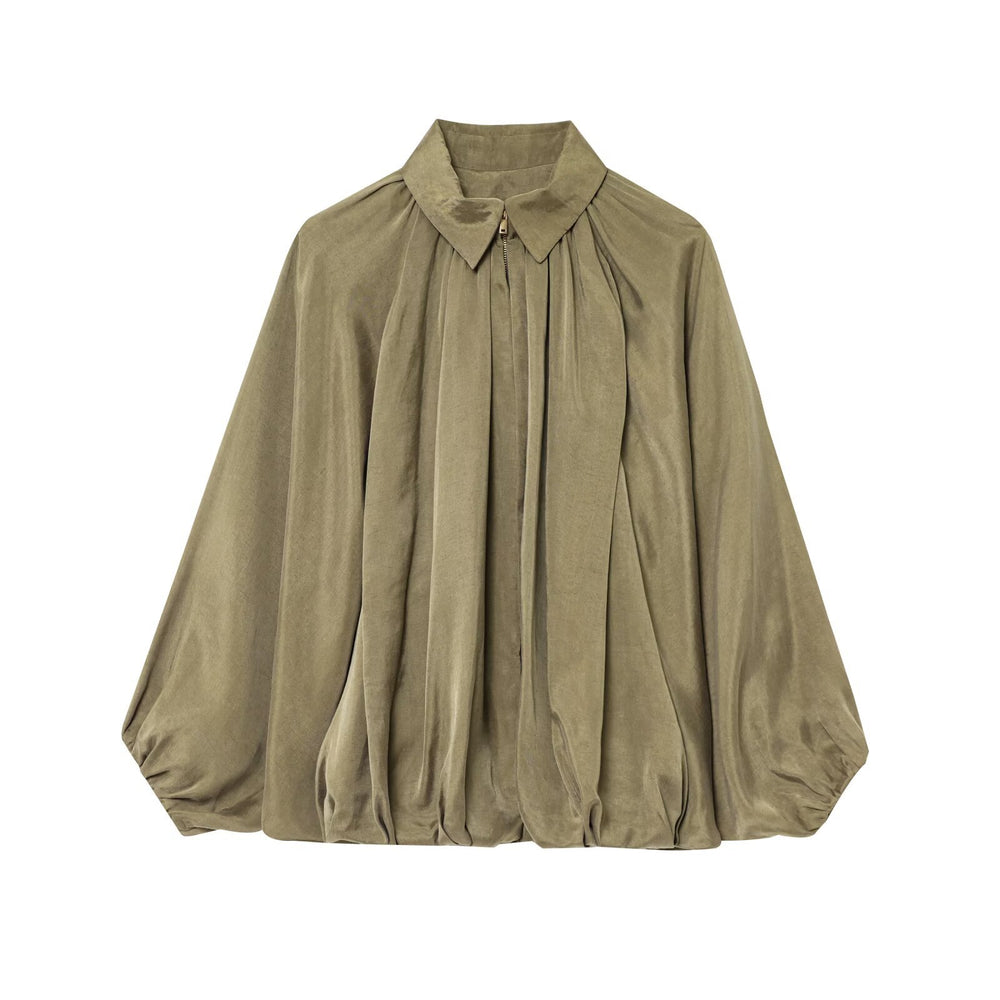 Women's Loose Pleated Zip-Front Jacket – Balloon Sleeves, 6 Colours | Sizes XS–XL