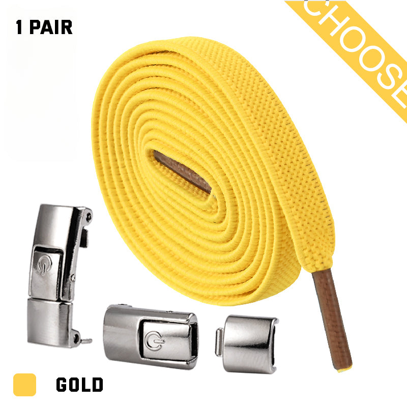 Yellow shoelace with silver lace locks on a white background
