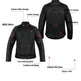 Black travel jacket with features highlighted on a black background