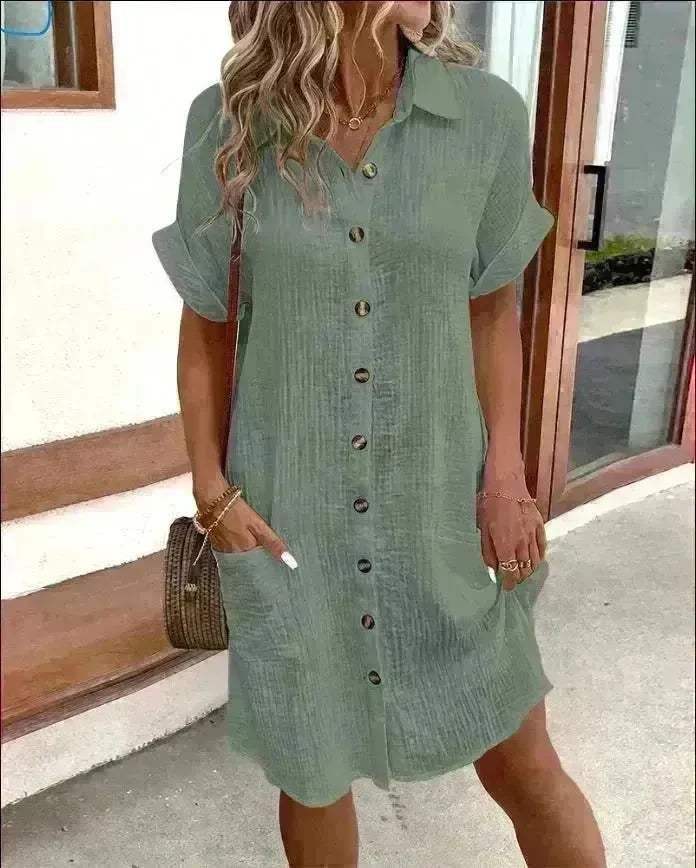 Womens Button Down Shirt Dress Summer Cotton Linen Dress V-Neck Mini Dress Casual Short Sleeve Loose Tunic Dresses - EX-STOCK CANADA