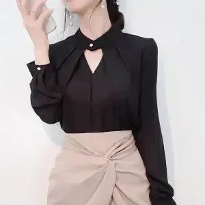 White Chiffon Blouse top Long Sleeves Office Blouses For Women - EX-STOCK CANADA