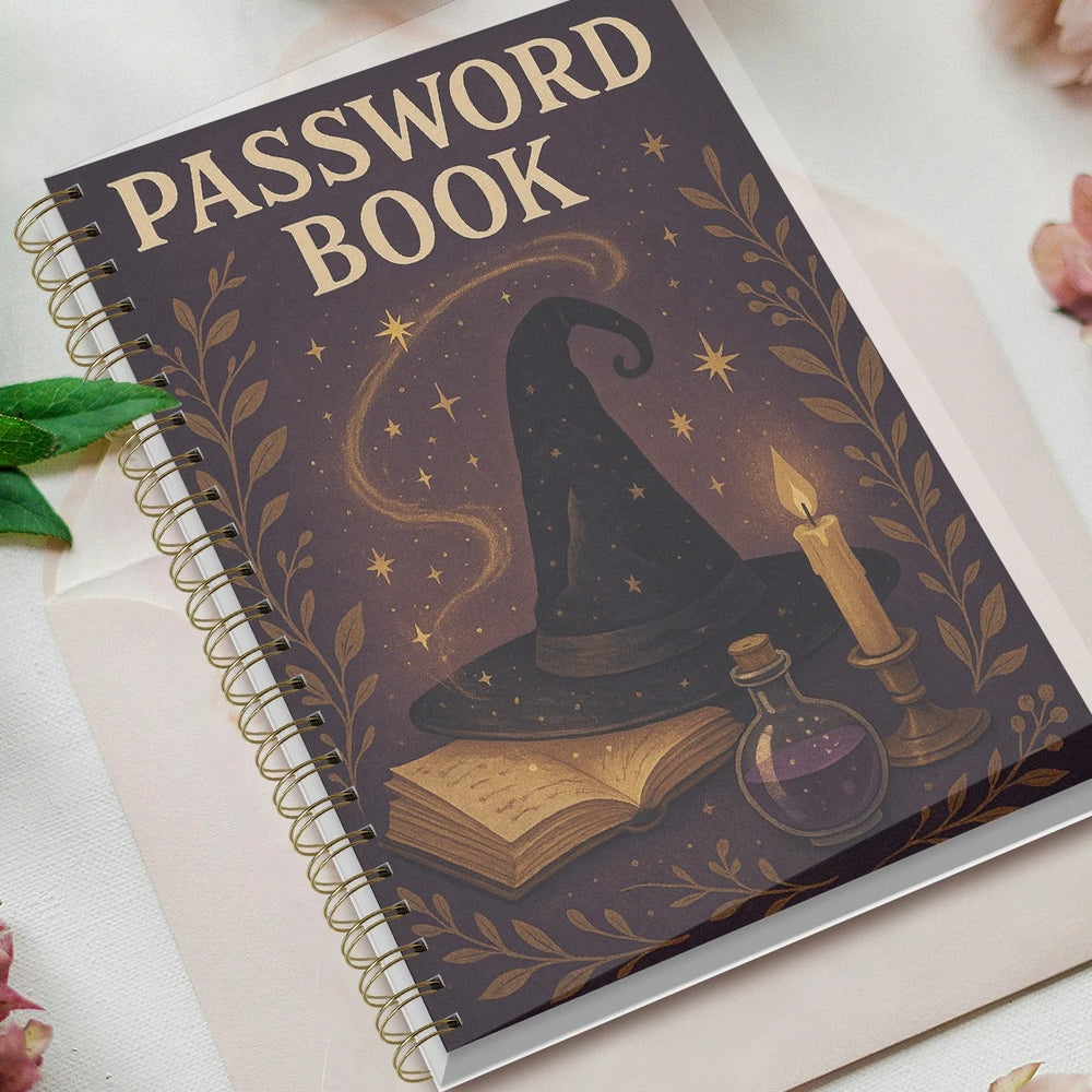 Password book with witch hat, book, and candle design on a white surface