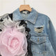 Elegant women fashion embroidered cropped Ripped blue Denim Jacket - EX-STOCK CANADA