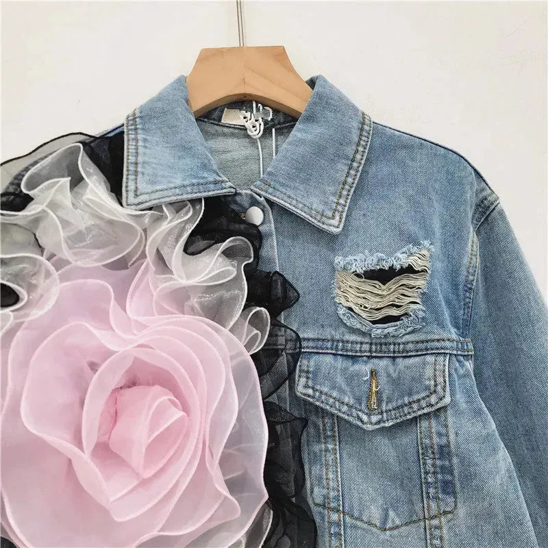 Elegant women fashion embroidered cropped Ripped blue Denim Jacket - EX-STOCK CANADA