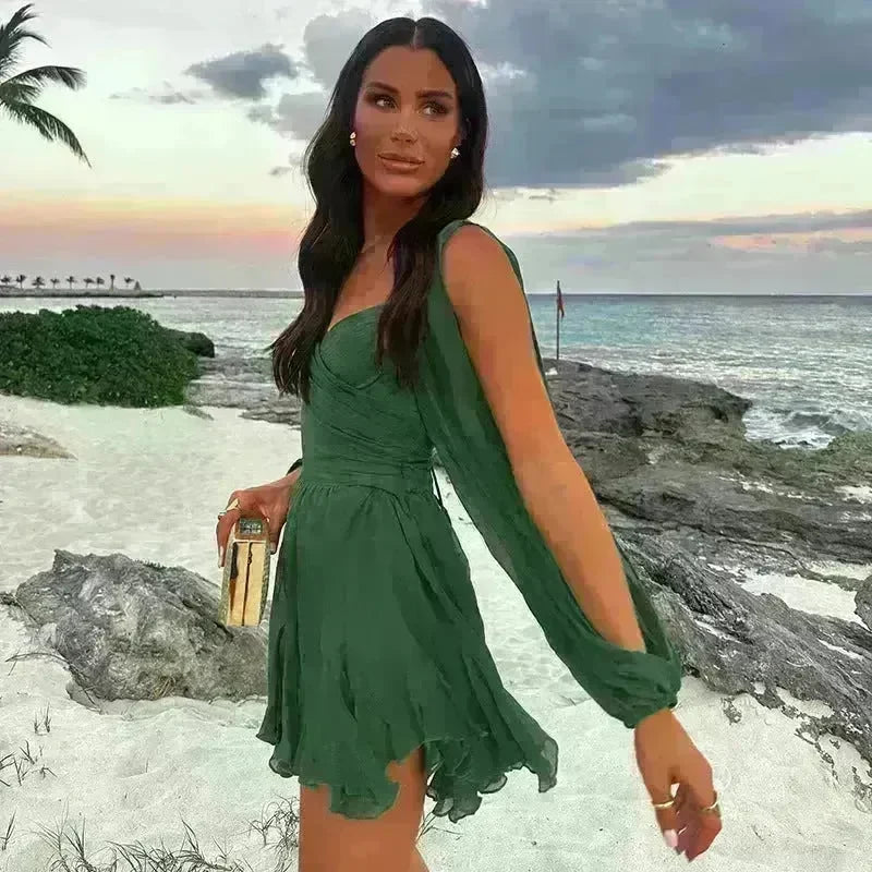 Women's Solid Color Chiffon Slim Fit Short Dress Mini Skater Flared Dress for Chic Ladies - EX-STOCK CANADA