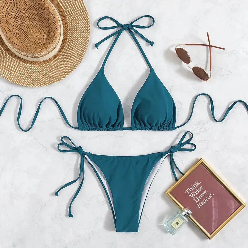 Pure Color Tied Halter Bikini Swimsuit - EX-STOCK CANADA