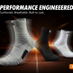 Three athletic crew socks in white, black, and gray are shown floating against a dark background with orange light effects and the text 'PERFORMANCE ENGINEERED' and a 'Shop Now' button.