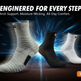 Three athletic crew socks in white, black, and gray are shown floating against a dark background with orange light effects and the text 'PERFORMANCE ENGINEERED' and a 'Shop Now' button.