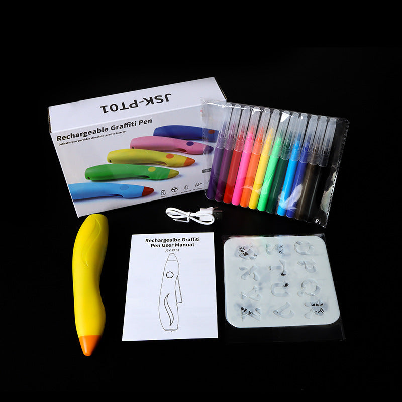 Rechargeable graffiti pen set with packaging, pens, and accessories on a black background