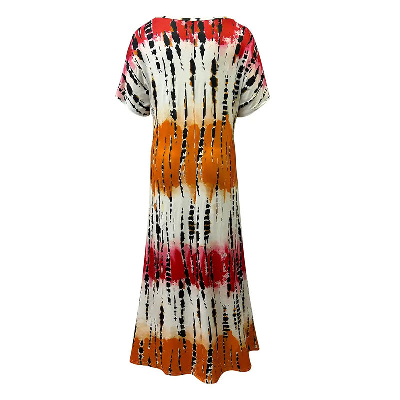 Women's Summer Tie Dye Maxi Dress Short Sleeve V Neck Casual Loose Long Split Dresses EX-STOCK