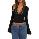 Slim V-neck Lace Ins Fashion Trumpet Sleeve Long-sleeved tank Top Women Clothing - EX-STOCK Canada