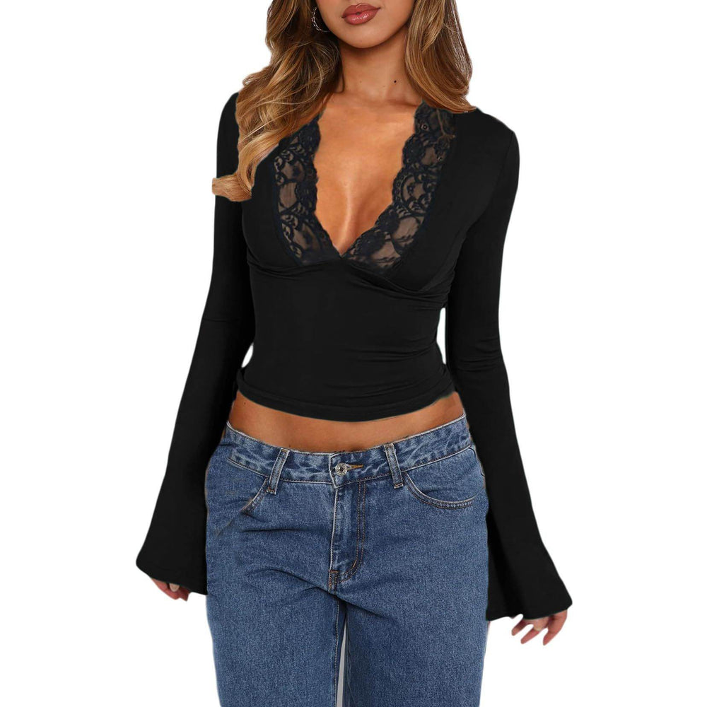 Slim V-neck Lace Ins Fashion Trumpet Sleeve Long-sleeved tank Top Women Clothing - EX-STOCK Canada
