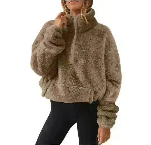 European And American Velvet Fleece-lined Women's Half Zipped Stand Collar Sweater - EX-STOCK CANADA