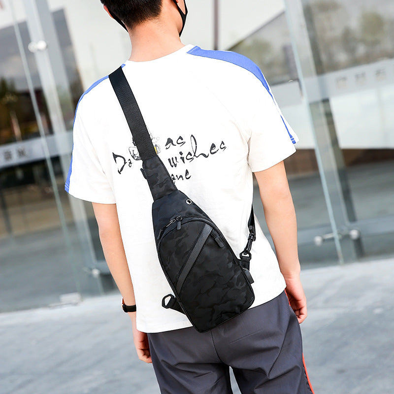 Person wearing a black sling bag over one shoulder in an urban setting