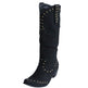 A single black knee-high boot with gold-tone metal studs, shown against a plain white background.