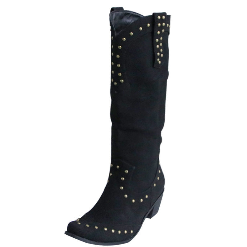 A single black knee-high boot with gold-tone metal studs, shown against a plain white background.