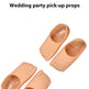Four novelty fake shoes shaped like feet in a peach-beige color, displayed on a plain white background with black text at the top reading 'April Fools' Day Prank Funny Shoes' and 'Wedding party pick-up props'.