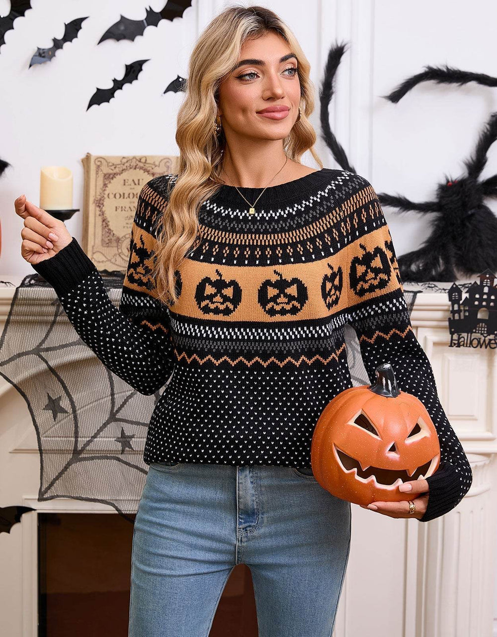 Women's Halloween Pumpkin Embroidered Retro Long-sleeved Sweater - EX-STOCK Canada