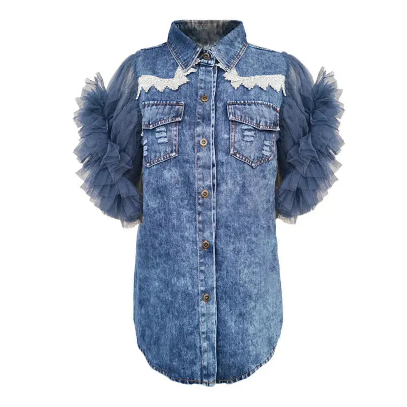 Single Breasted Lapel Frayed denim jacket Clothing top women - EX-STOCK CANADA