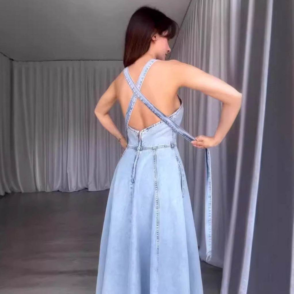 Sexy Denim Tied Spaghetti-strap Dress - EX-STOCK Canada