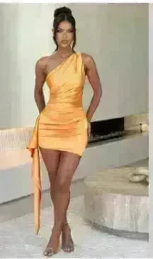 One-shoulder Sleeveless Mini Dress Charming Slim Backless Party Wedding Satin Dresses Womens Clothing - EX-STOCK CANADA