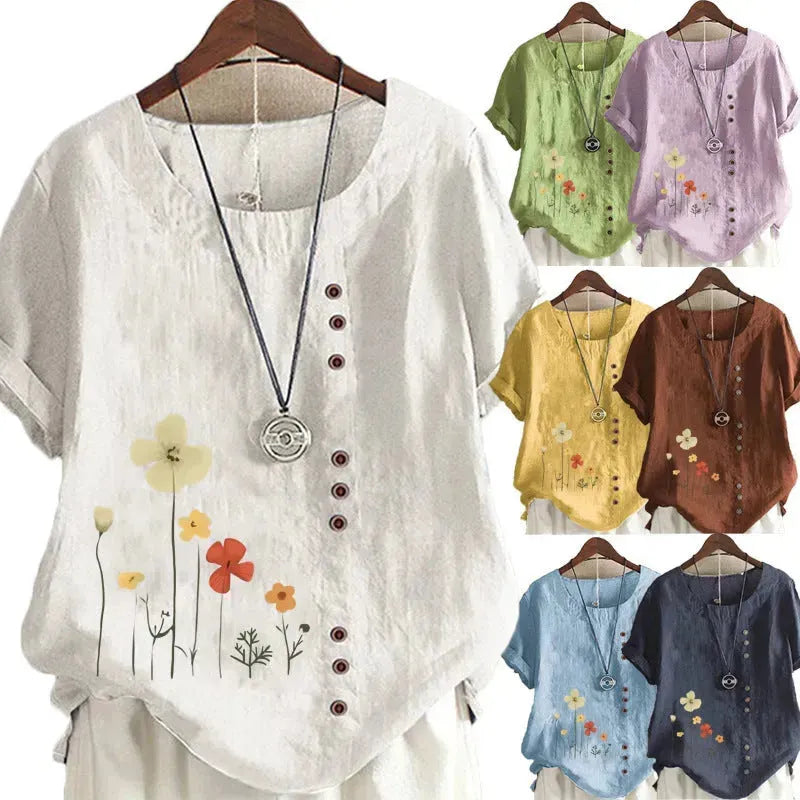 Casual Summer Beach Cotton And Linen Printed Elegant Short Sleeve blouse Top Women - EX-STOCK CANADA