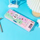Pink pencil case with cartoon character on a blue background