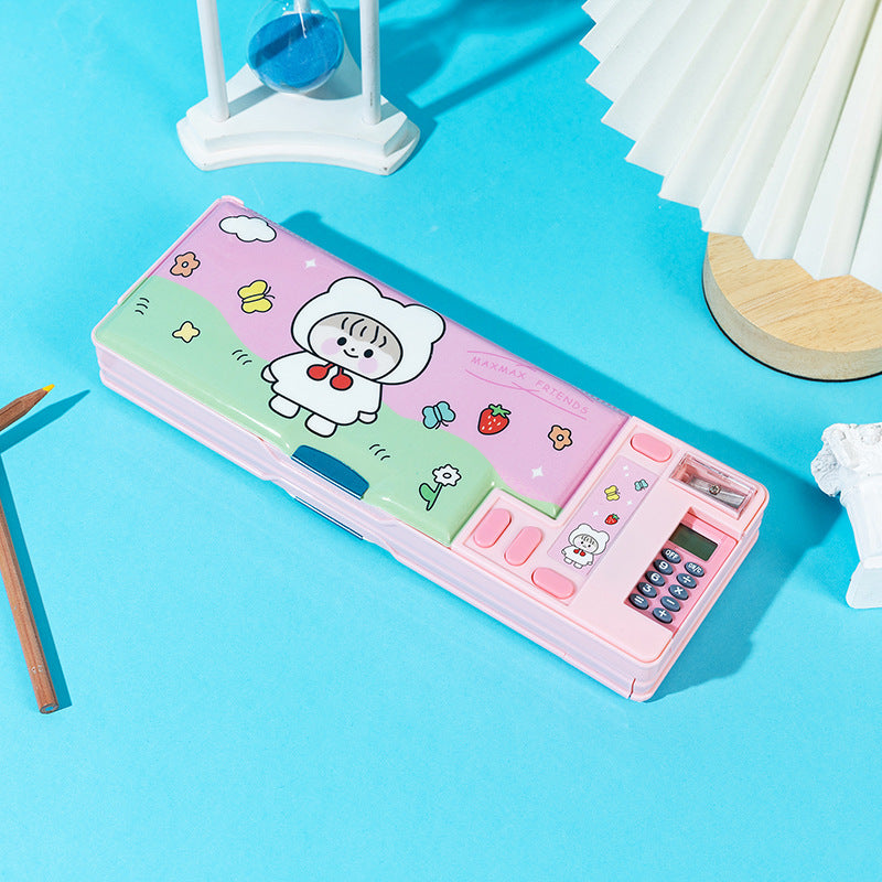 Pink pencil case with cartoon character on a blue background