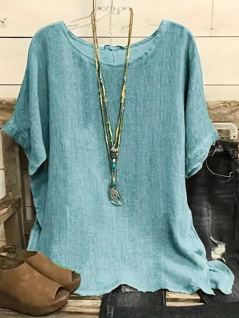 Women Fashion Casual blouse top 3/4 Sleeve Round Neck Blouses Summer Loose linen Tops Streetwear - EX-STOCK CANADA