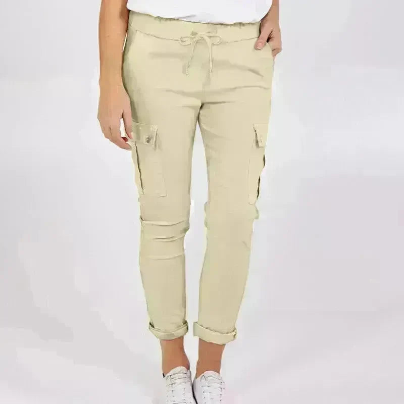 Casual Cargo Pants With Pockets Solid Color Drawstring Waist Pencil Trousers For Women - EX-STOCK CANADA