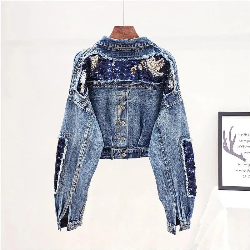 Heavy Industry Sequins Short Doll Sleeve Denim Jacket Women - EX-STOCK CANADA