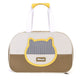 Pet carrier with cat face design and yellow accents on a white background