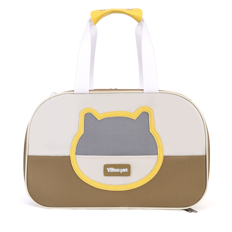 Pet carrier with cat face design and yellow accents on a white background