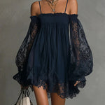 Long-Sleeve Lace Boat Neck Slip Dress